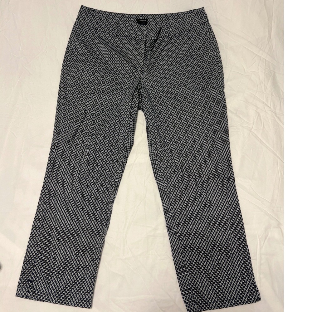 Ann Taylor Curvy Ankle Pants Navy White Geometric Diamond Print Size 12 Stretch